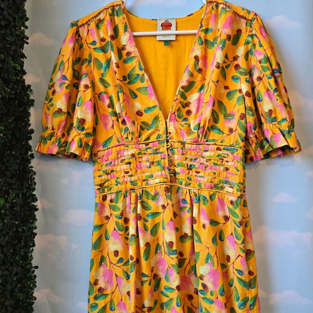 FARM Rio Yellow Floral V-Neck Midi Dress with Pink & Green Accents - Picture 5 of 5